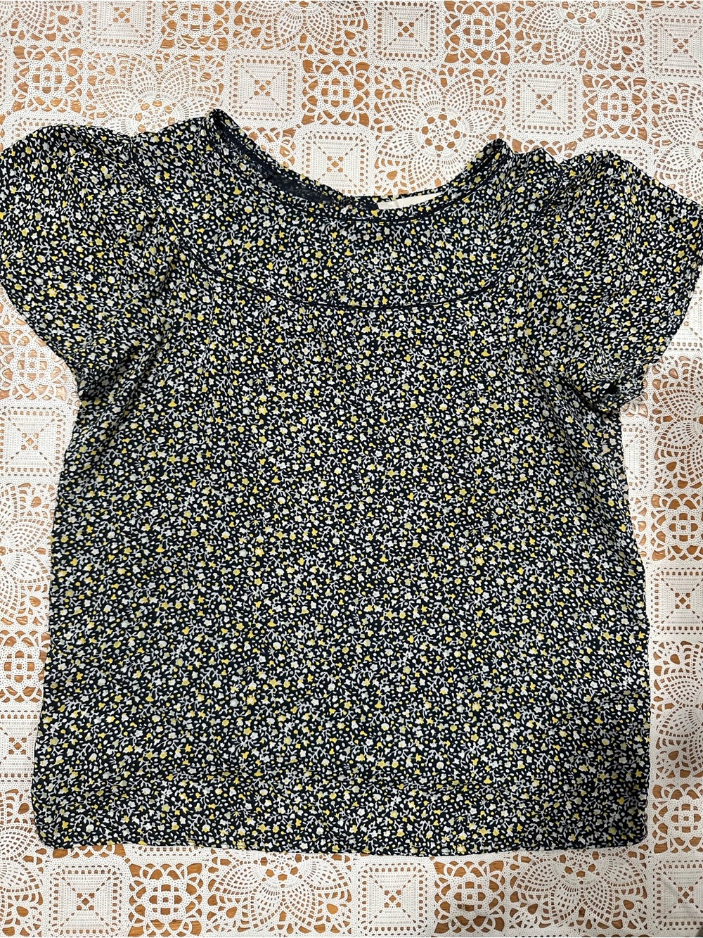 LOFT Petite Floral Puff Sleeve Blouse Black Yellow MP
